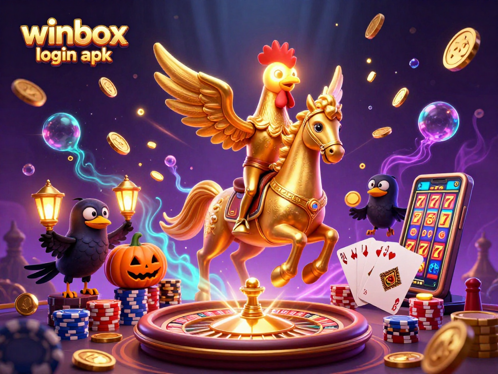 Experience winning with the winbox login apk, featuring 3D characters in a vibrant casino setting.