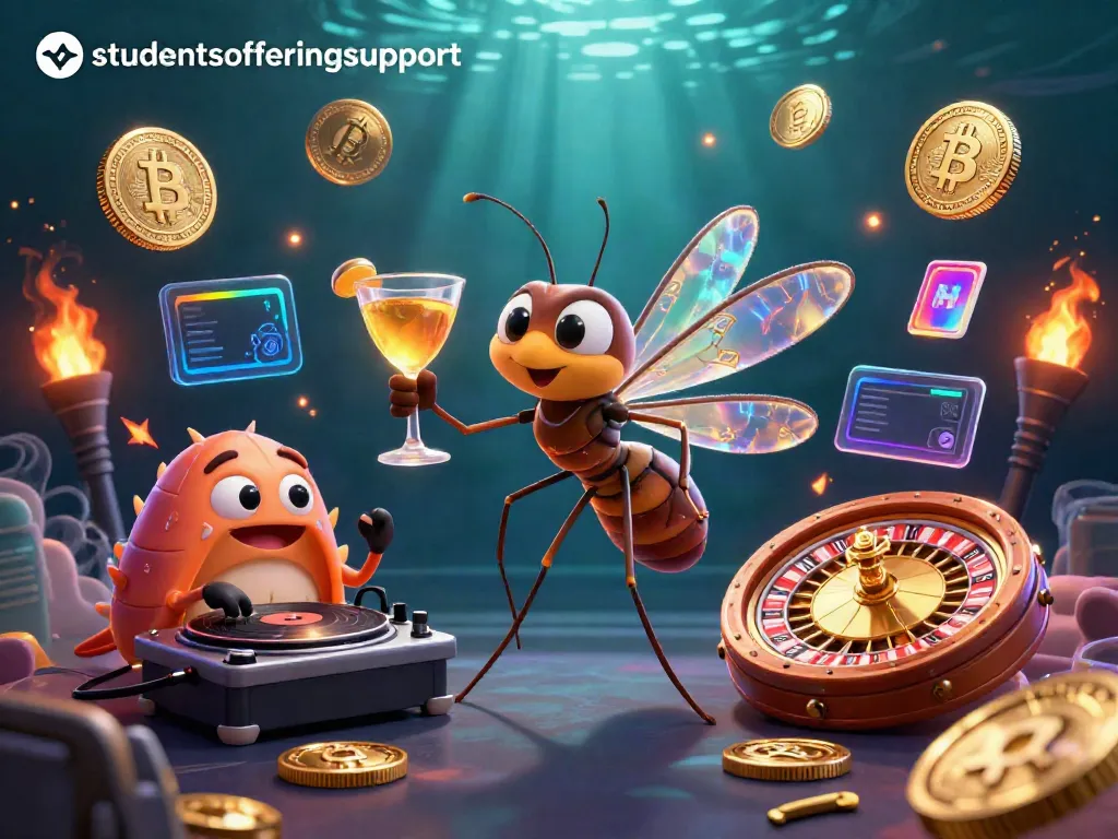 Aktivitas bermain di kasino online simbolik dengan dukunganmahasiswa, mosquitos 3D, dan elemen crypto.