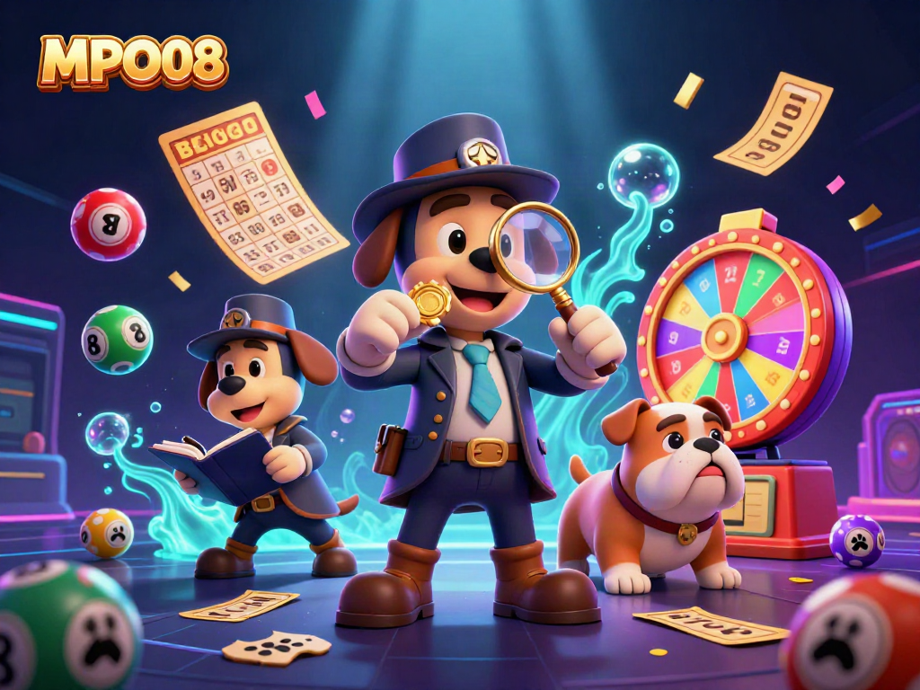 MPO08 detective cartoon scene revealing exciting poker chip clues, surrounded by lottery elements and vibrant game dynamics.