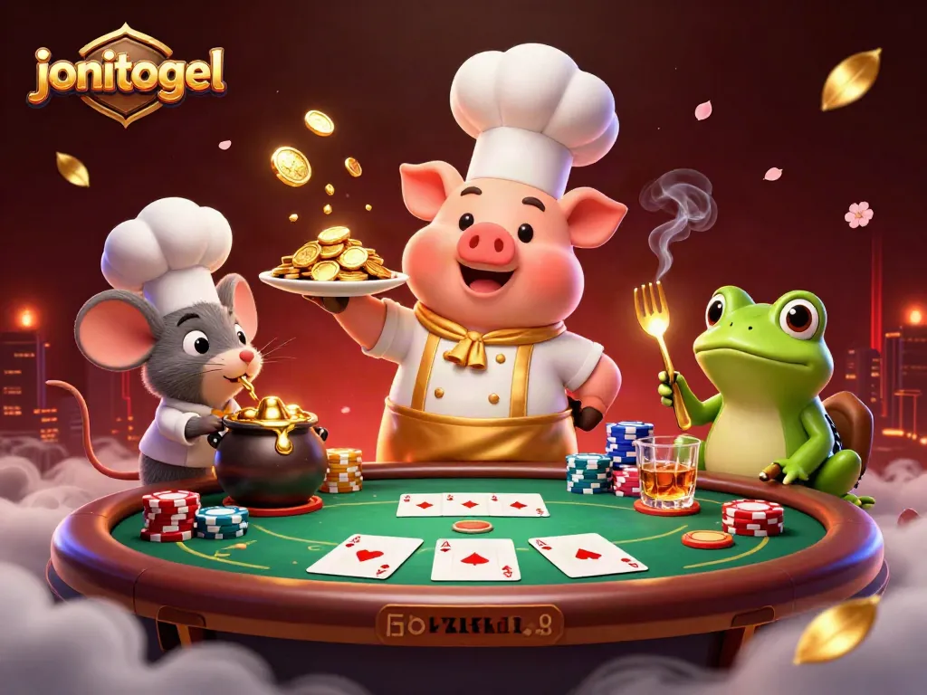 Experience thrilling moments in jonitogel with the chef pig, sous-chef mouse, and food critic frog at the casino.