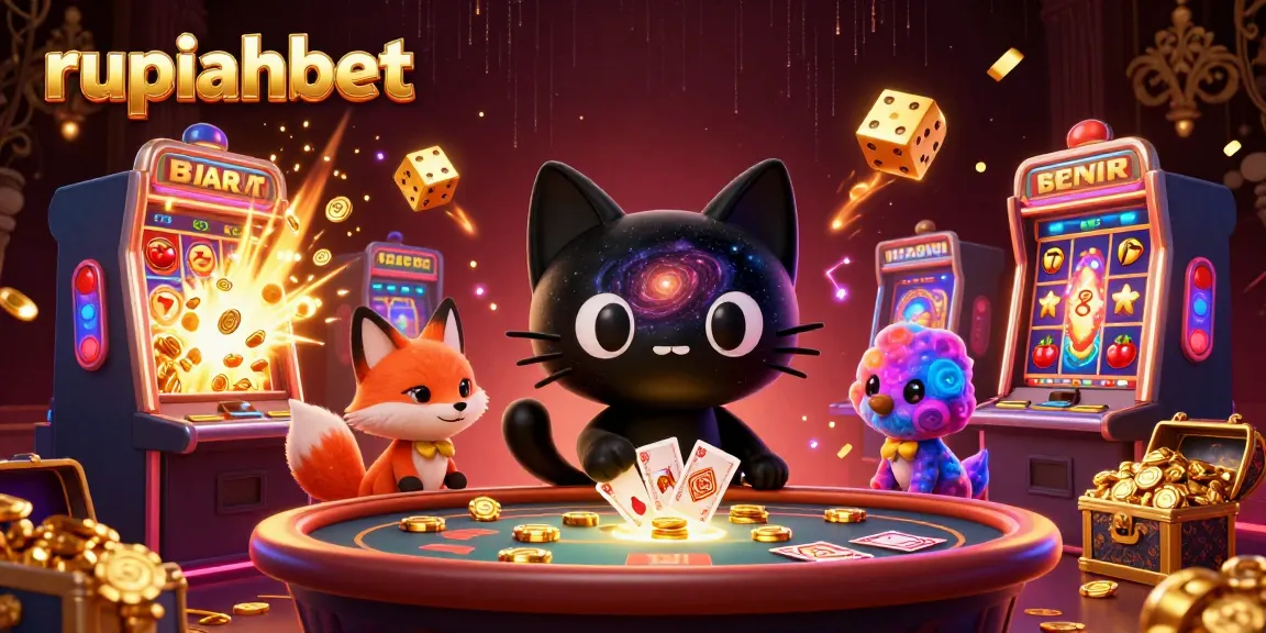 Experience the excitement of rupiahbet with a cosmic casino scene featuring a black hole cat and treasure-filled slot machines.