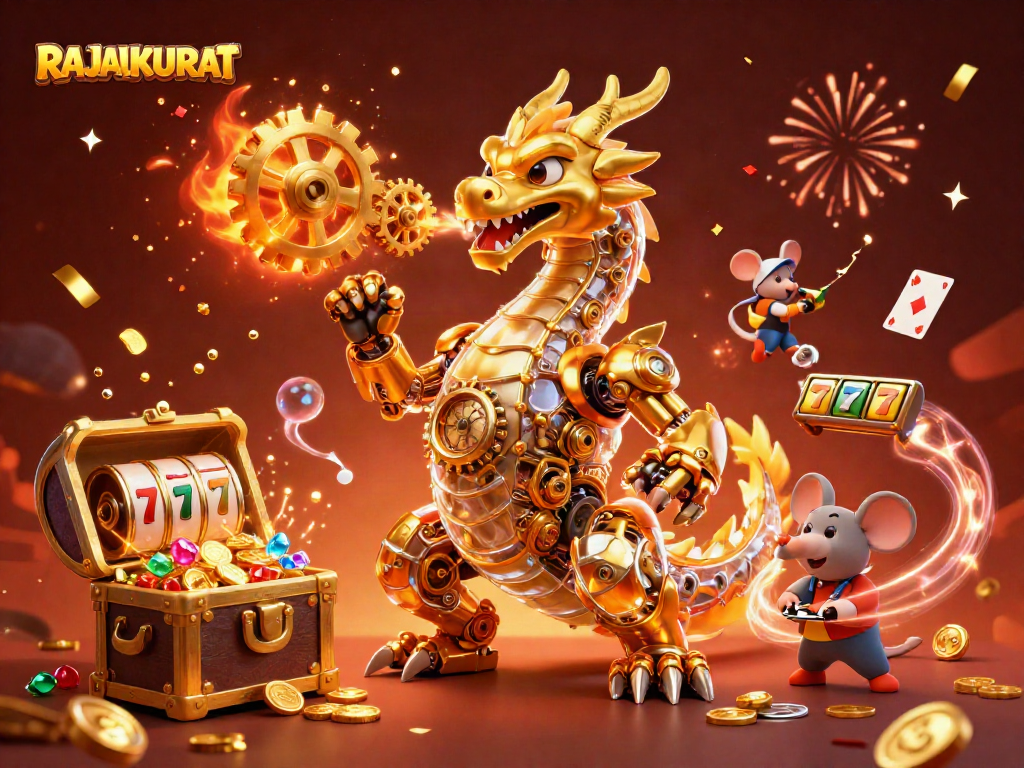 Engage with RAJAAKURAT's dynamic slot gaming scene featuring a golden dragon and treasures.