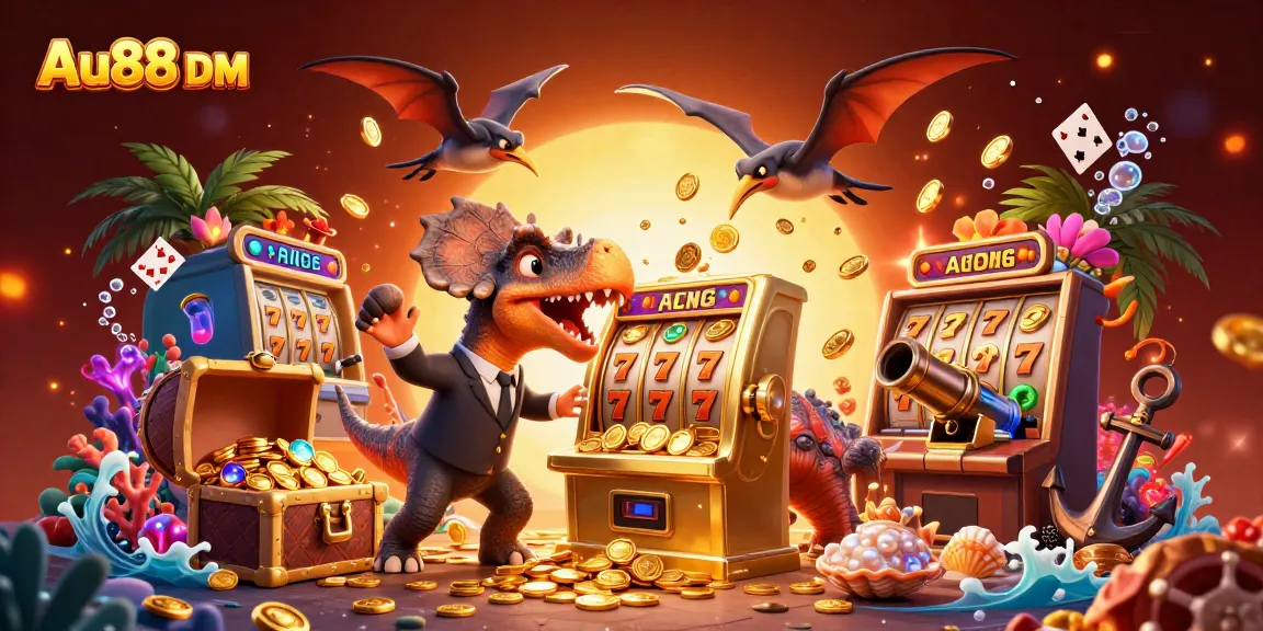 Experience thrilling jackpots at Au88 DM with cartoon dinosaurs and colorful slot machines bursting with coins.