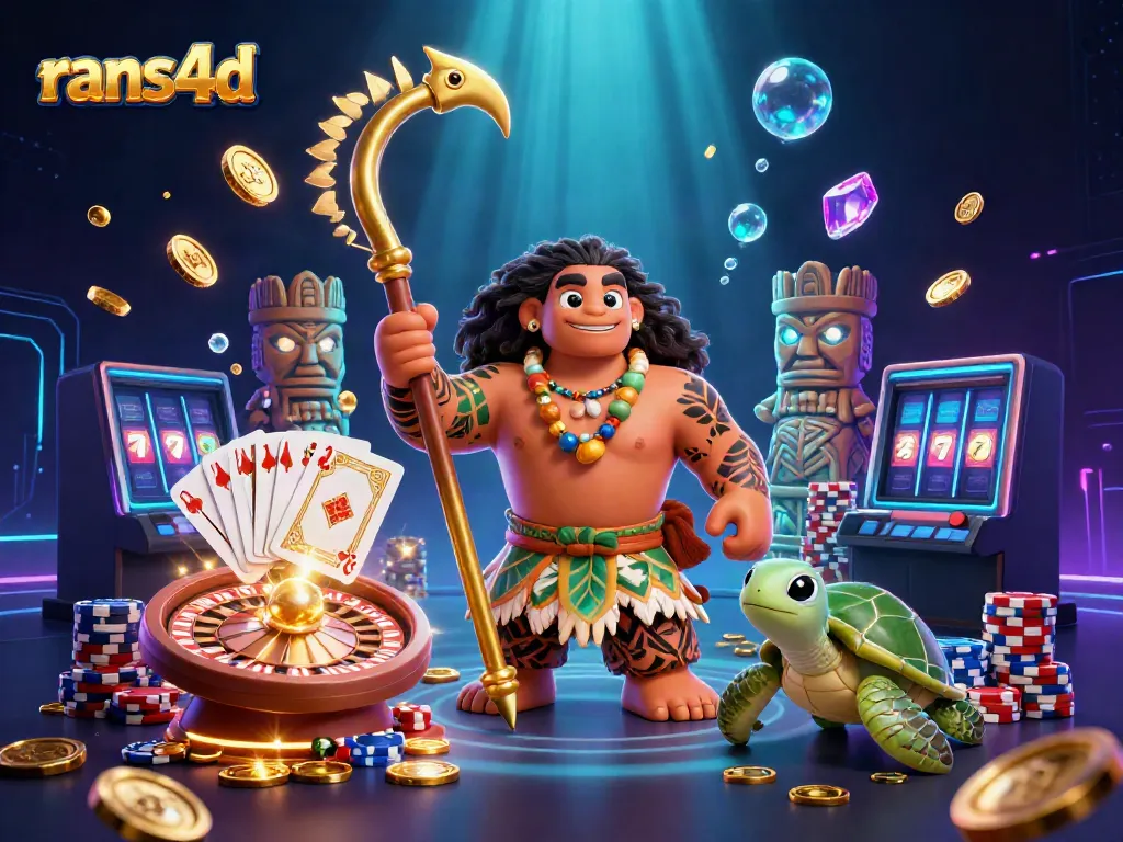 RANS4D menyajikan ilustrasi 3D kreatif dengan karakter utama, harta karun, dan elemen permainan yang menarik.
