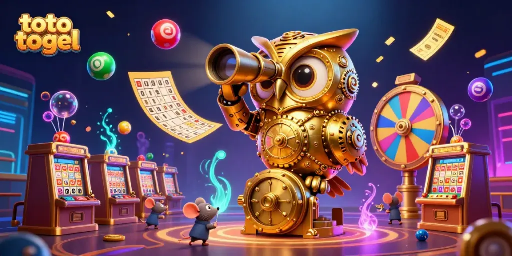 Experience exciting toto togel with a vibrant 3D scene of a golden owl and playful mice in a dazzling casino.