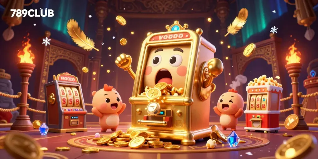 Experience winning at 789CLUB with a cheerful golden slot machine hitting its jackpot amidst swirling casino elements.