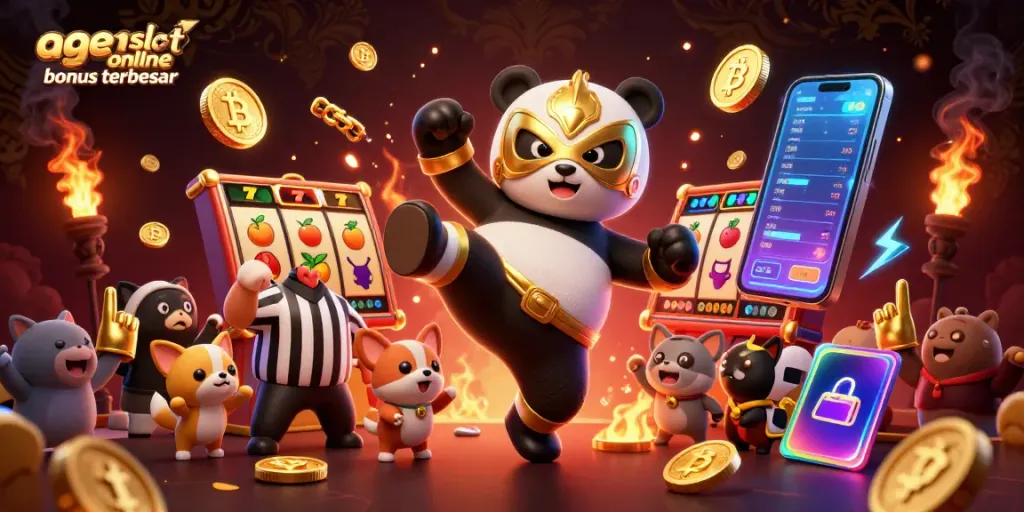 A thrilling scene showcasing an exciting agen slot online bonus terbesar with a wrestler panda and animal spectators in a vibrant casino.