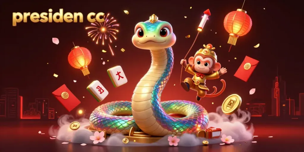 Engage with presiden cc in a vibrant 3D illustration featuring a rainbow serpent and playful characters amidst casino elements.