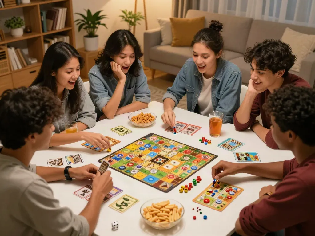 Teman-teman bermain permainan tabletop di malam yang penuh keceriaan, merayakan alexistoto bersama.
