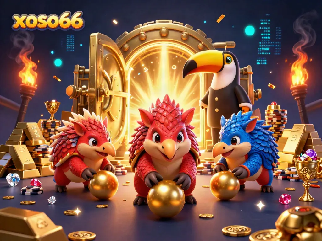 Experience thrilling xoso66 gameplay with animated pangolins amidst golden treasures and poker chips.