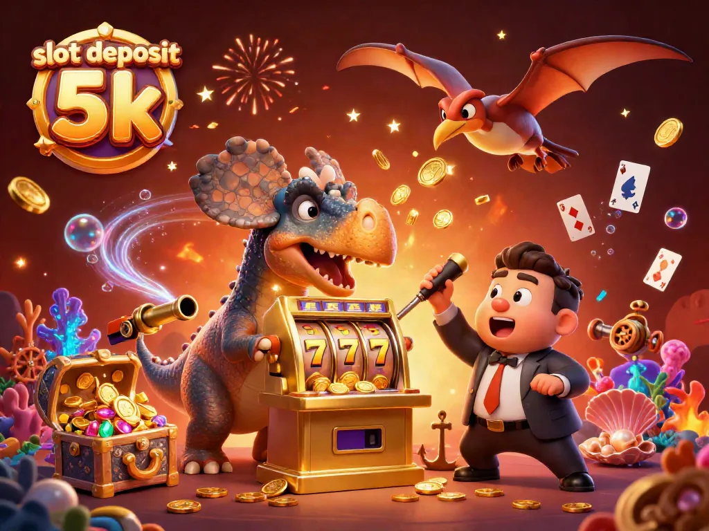 Pemain slot deposit 5k menikmati jackpot coins di mesin slot dengan ilustrasi dino dan manajer kasino.