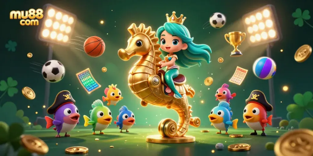 Fly with mu88 com, featuring a mermaid and seahorse in a vibrant, dynamic casino scene.