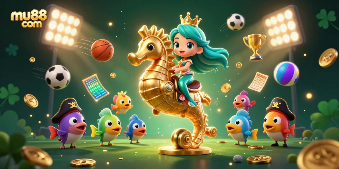 Fly with mu88 com, featuring a mermaid and seahorse in a vibrant, dynamic casino scene.