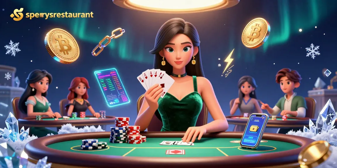 Sperrysrestaurant showcases a beautiful Asian woman at a luxury poker table with glowing crypto coins and dramatic lighting.