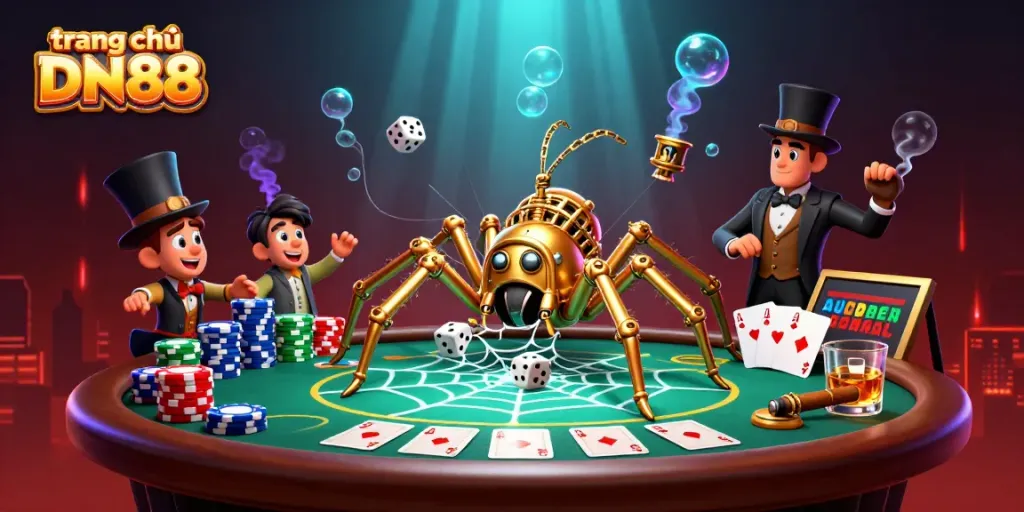 Engage with the vibrant casino action on trang chủ DN88 featuring an intricate steampunk spider catching dice.