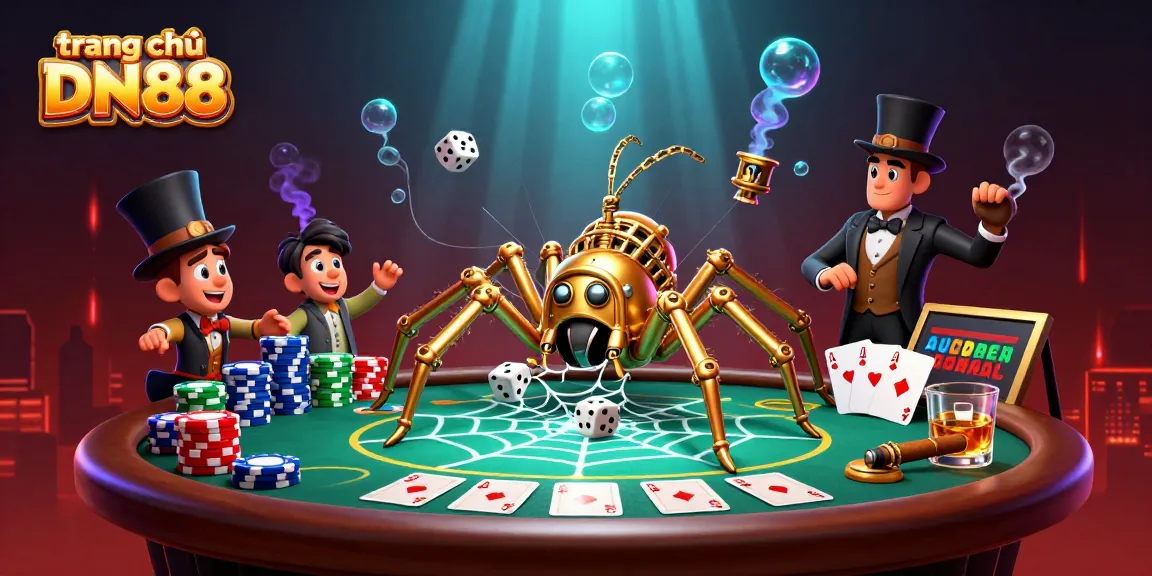 Engage with the vibrant casino action on trang chủ DN88 featuring an intricate steampunk spider catching dice.