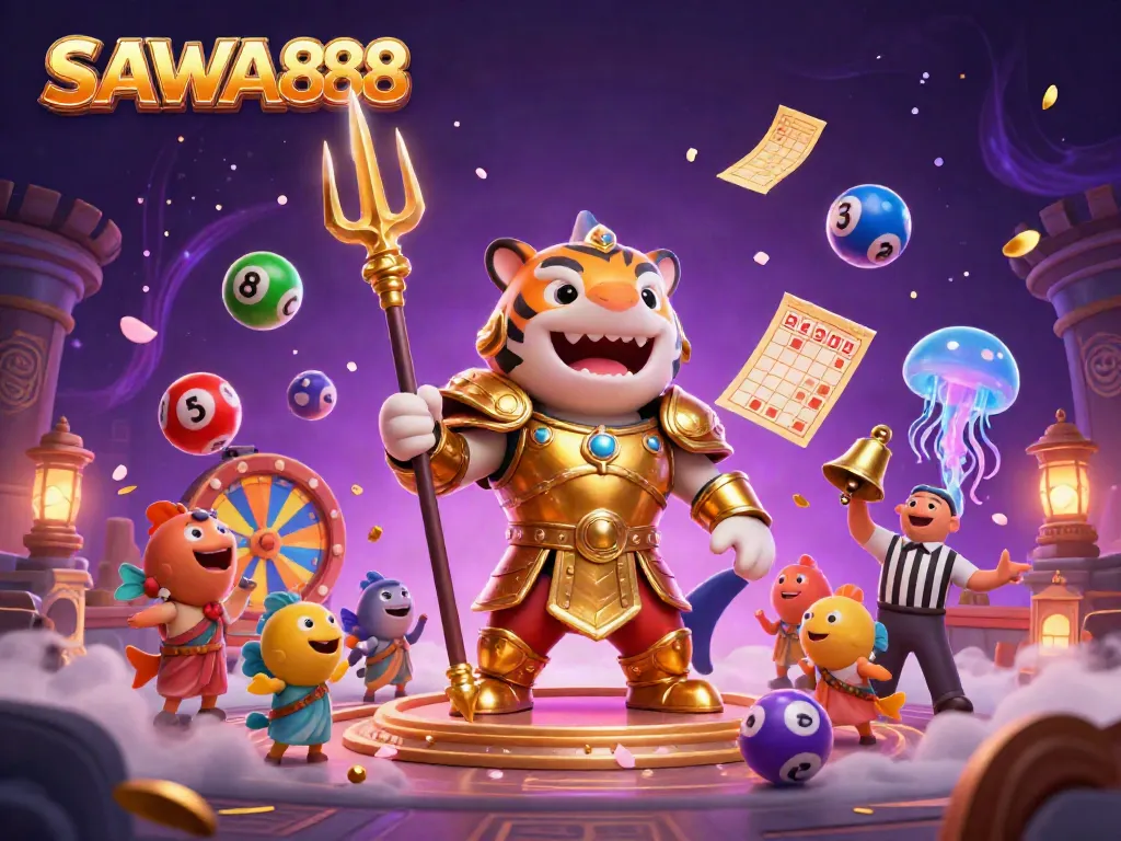 SAWA888 engaging tiger shark in golden armor in a dynamic underwater casino scene.