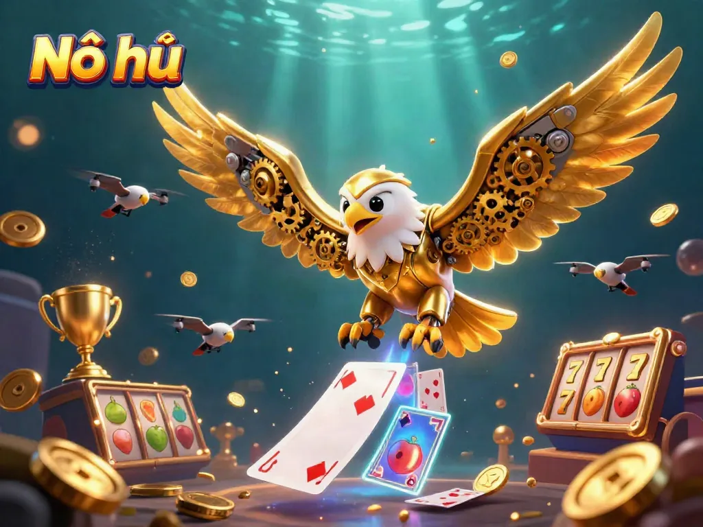 Nổ hũ inspired 3D illustration featuring a golden eagle and lottery game elements in motion.