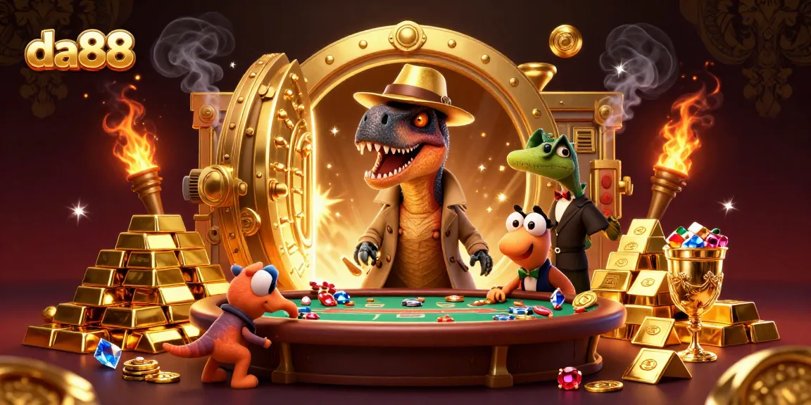 da88 velociraptor card counter at blackjack table with treasures and engaging casino scene