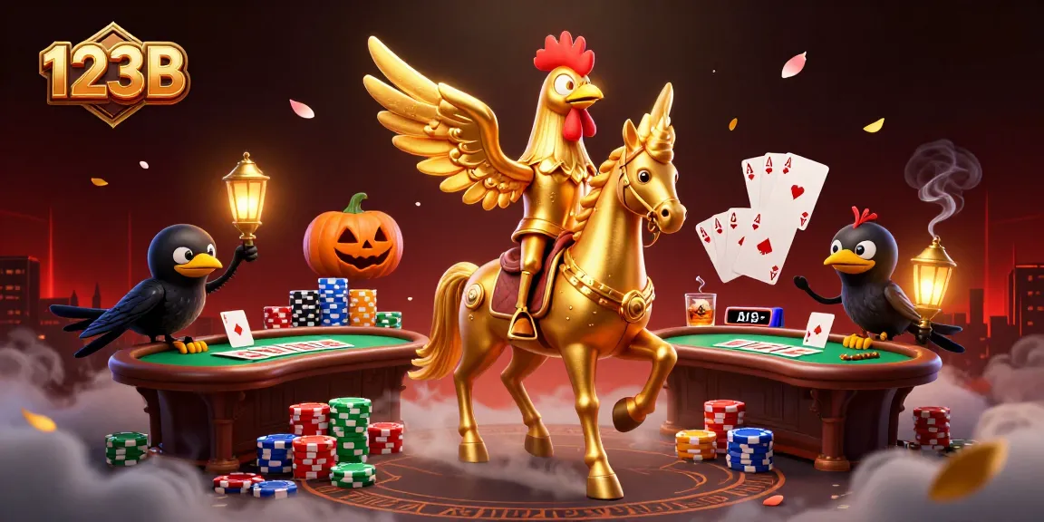 Exciting scene at 123B casino with a golden rooster and a spectral horse amidst poker chips and gaming elements.