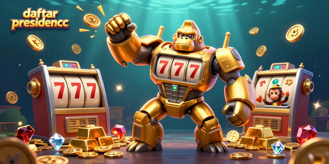 Engage with daftar presidencc through an intricate illustration showcasing a golden gorilla mech and casino elements.