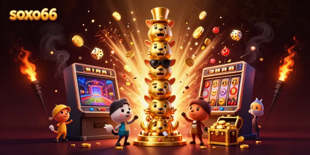 Capture the exciting atmosphere at soxo66 with a dynamic casino scene featuring a golden totem and a jackpot explosion.