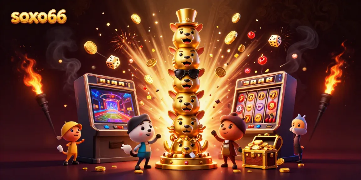 Capture the exciting atmosphere at soxo66 with a dynamic casino scene featuring a golden totem and a jackpot explosion.
