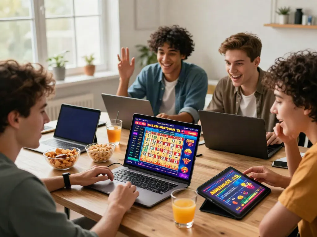 Friends enjoying online gambling experience on AHHA4D lottery platform with joyful expressions