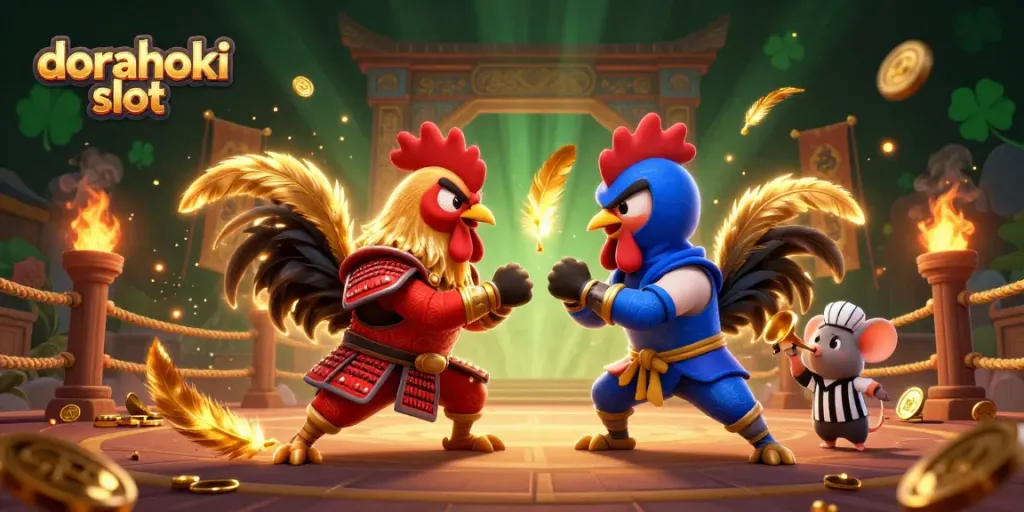 Menghadapi pertarungan epik, dorahoki slot menampilkan ayam jantan bertarung, dengan efek dramatis dan latar belakang kasino.