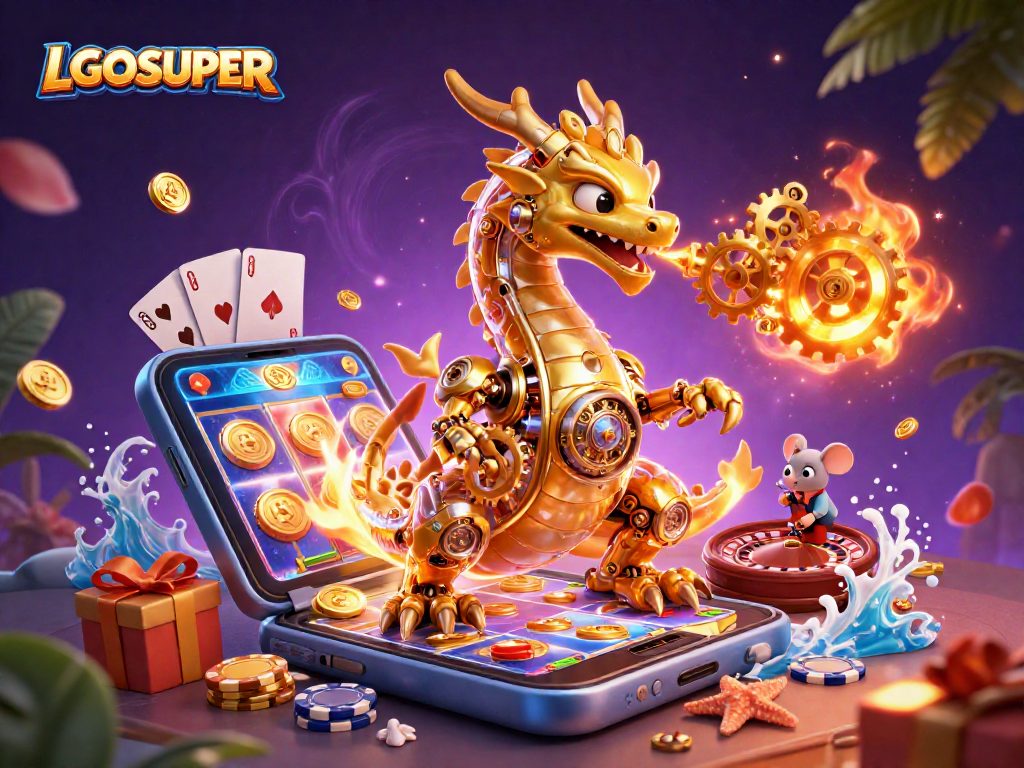 Play thrilling slots with LGOSUPER's unique 3D casino experience featuring vibrant games and golden dragons.