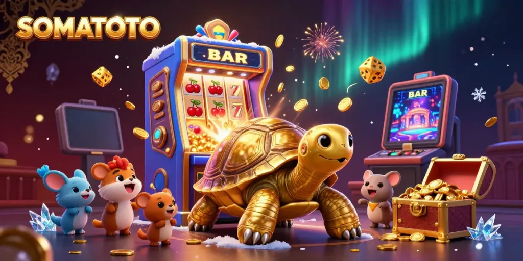 SOMATOTO showcases an exciting casino scene with a golden tortoise pinball machine and a slot machine explosion of coins.
