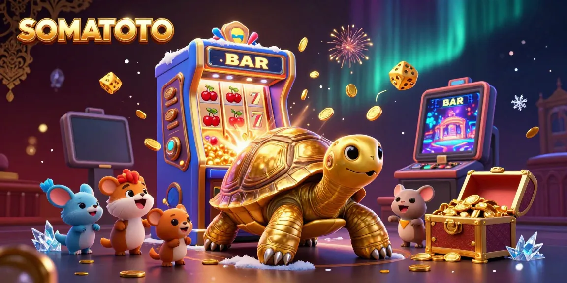 SOMATOTO showcases an exciting casino scene with a golden tortoise pinball machine and a slot machine explosion of coins.