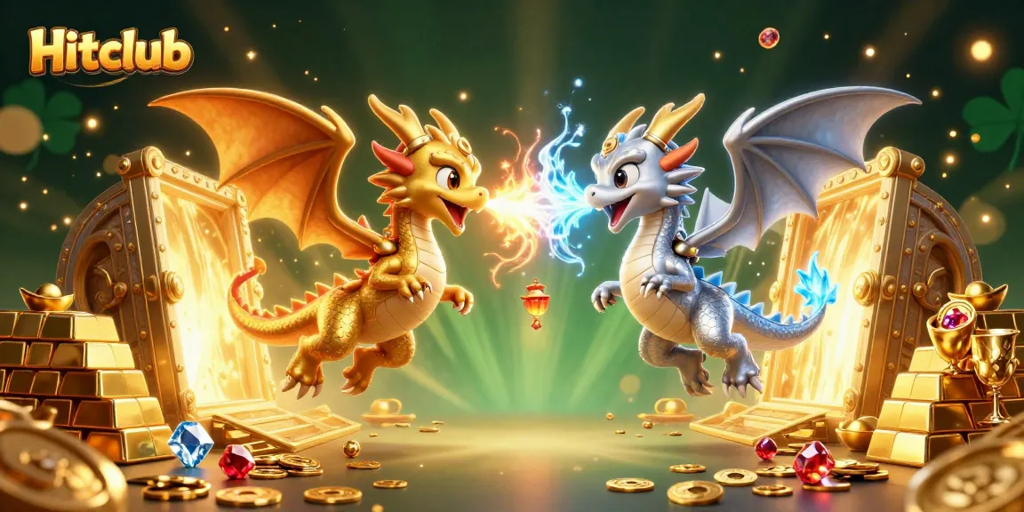 Engage with Hitclub's vibrant casino world, featuring dynamic dragon elements, treasures, and a mystical atmosphere.