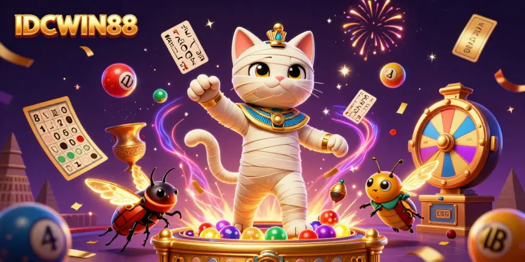 Experience jackpots with IDCWIN88 as a mummy cat bursts from a golden sarcophagus in a vibrant casino.