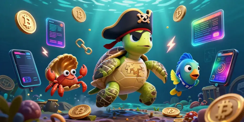Experience the thrill of jogjatoto with a vibrant pirate turtle, hermit crab, and parrotfish amidst treasures and cryptocurrency coins.