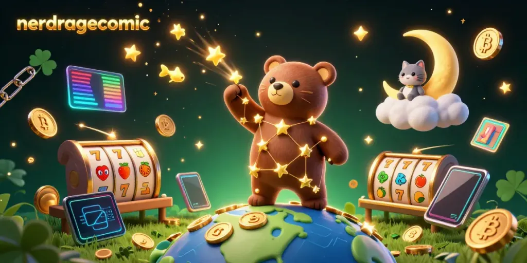 Nerdragecomic menangkap momen seru dalam permainan slot dengan beruang bintang dan koin emas