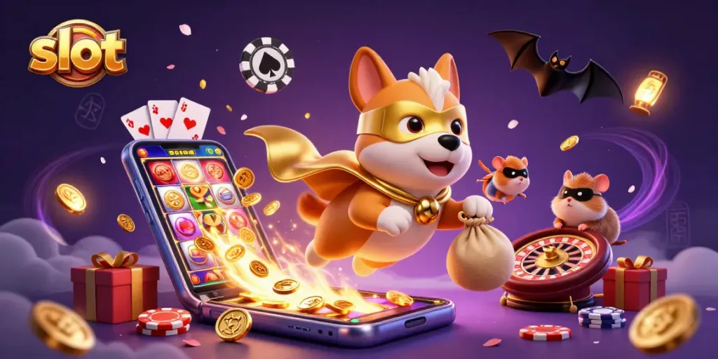 Slot berwarna cerah dengan pahlawan anjing terbang dan koin emas jatuh.