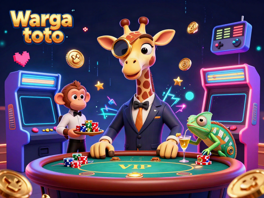 Gambarkan suasana Warga toto dengan giraffe, valet monyet, dan bartender chameleon di meja poker pada ilustrasi 3D penuh warna.