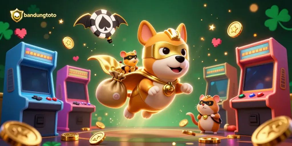 Experience the thrill of gaming at bandungtoto with a heroic dog, poker chip symbols, and vibrant game elements.