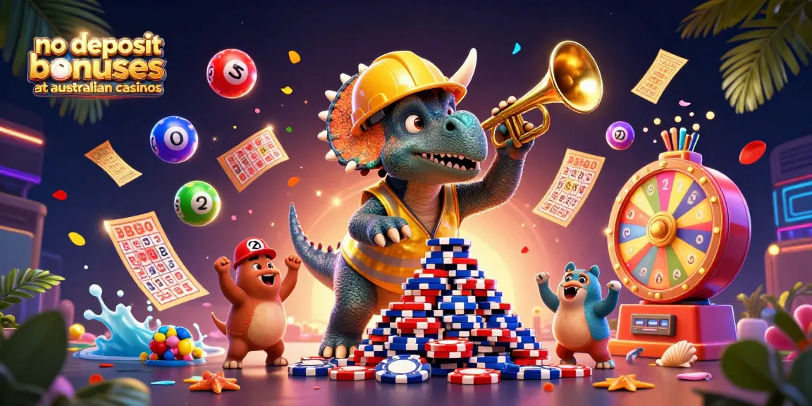 Celebrate no deposit bonuses at australian casinos with vibrant scenes of animated characters and casino games.