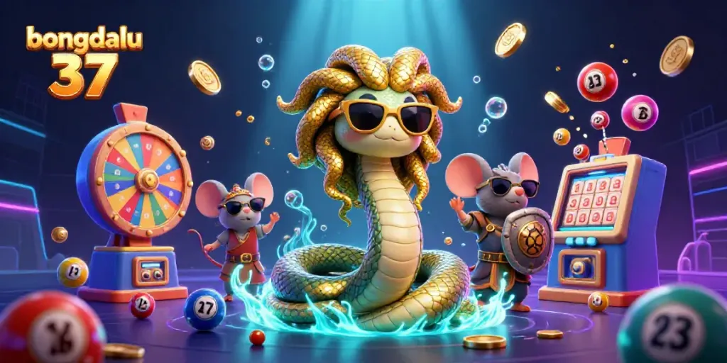 Bongdalu 37 presents a vibrant scene with Medusa and a warrior mouse in a colorful gambling-themed environment.
