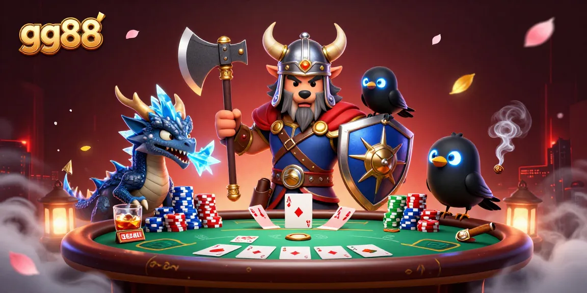Experience thrilling gameplay at gg88 with a Viking wolf warrior and dragon amidst a vibrant poker scene!