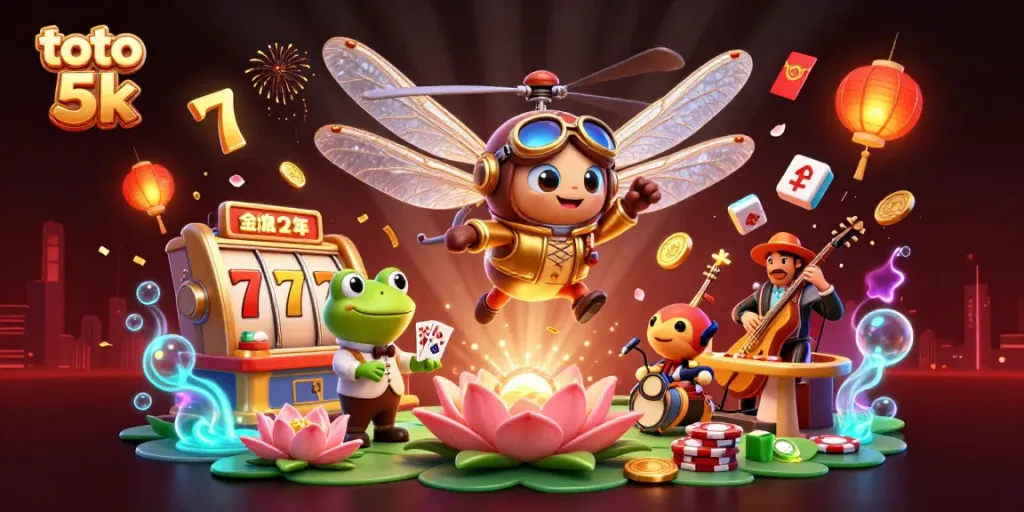 Experience thrilling gameplay in this vibrant 3D scene featuring 'toto 5k' with dynamic characters and casino elements.
