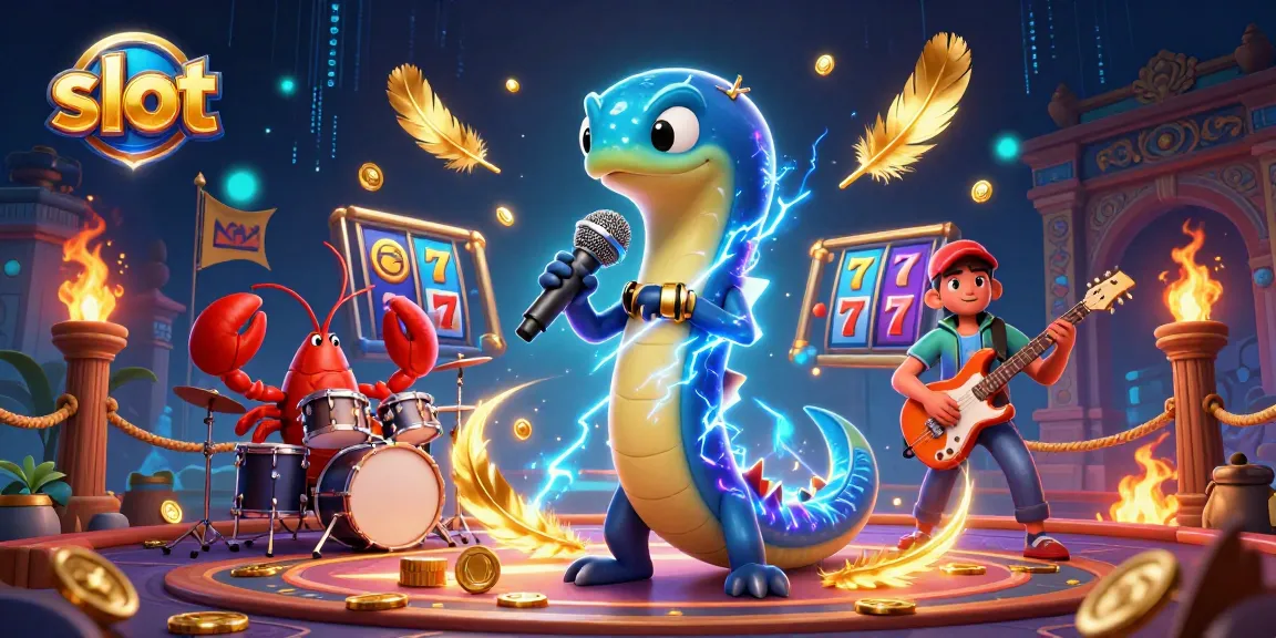 Spinning slot reels surrounded by electric eel, lobster drummer, and seahorse guitarist in lively underwater casino.