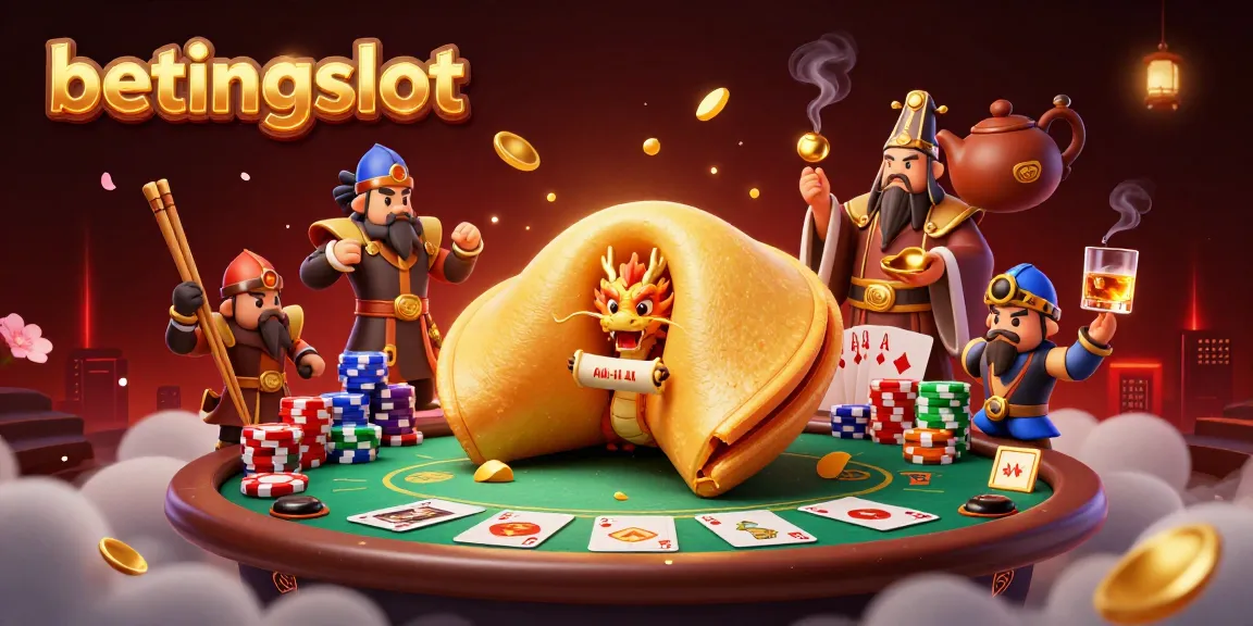 Menyambut keseruan BETINGSLOT dengan ilustrasi 3D yang menampilkan kue keberuntungan emas dalam suasana kasino yang penuh warna.