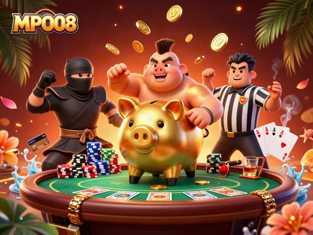 MPO08 engages players with a vibrant casino scene featuring a piggy bank sumo wrestler and lively gaming elements.