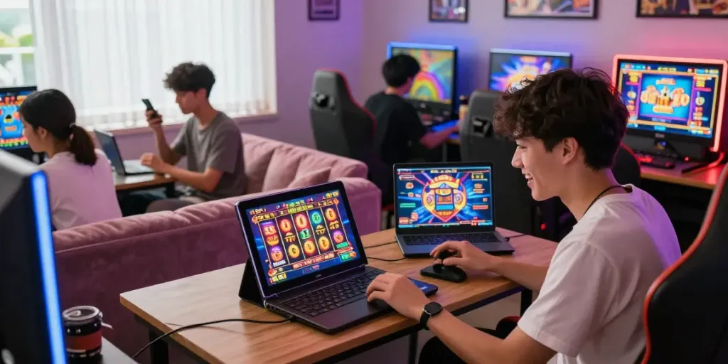 Excited player engaging with slot gacor games, vibrant gaming ambiance.