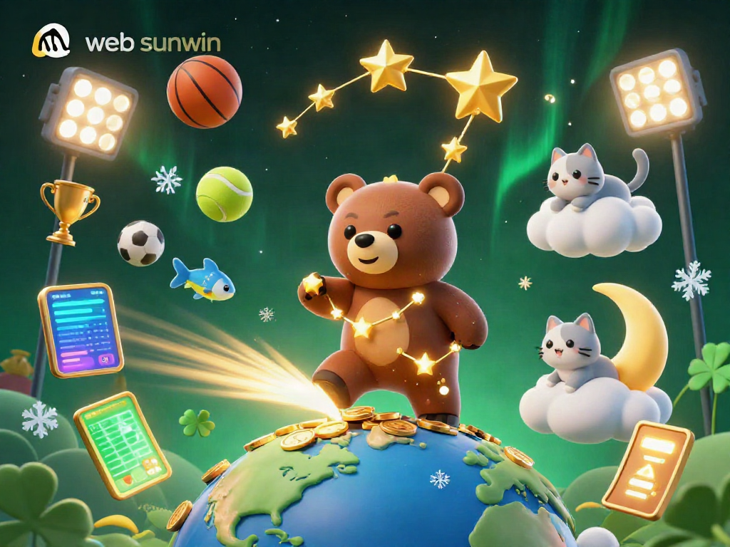 Engage in thrilling gameplay with web sunwin as colorful sports elements swirl around a cheerful constellation bear.