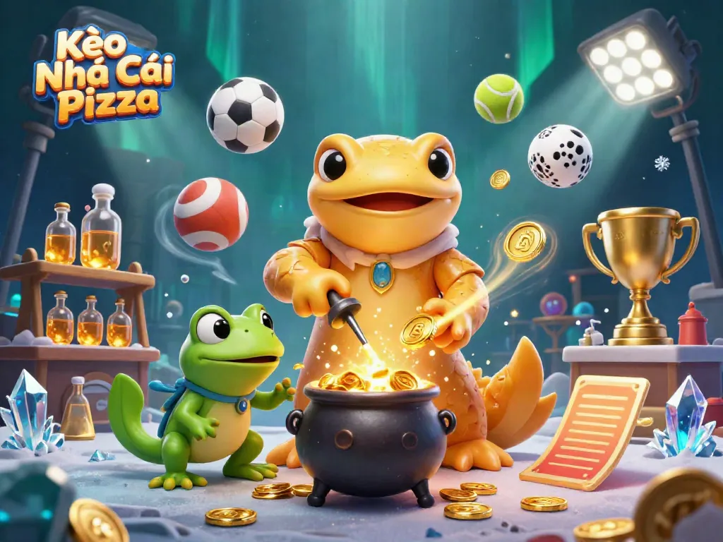 Place bets like a pro with Kèo Nhà Cái Pizza illustrated by a 3D golden salamander alchemist.