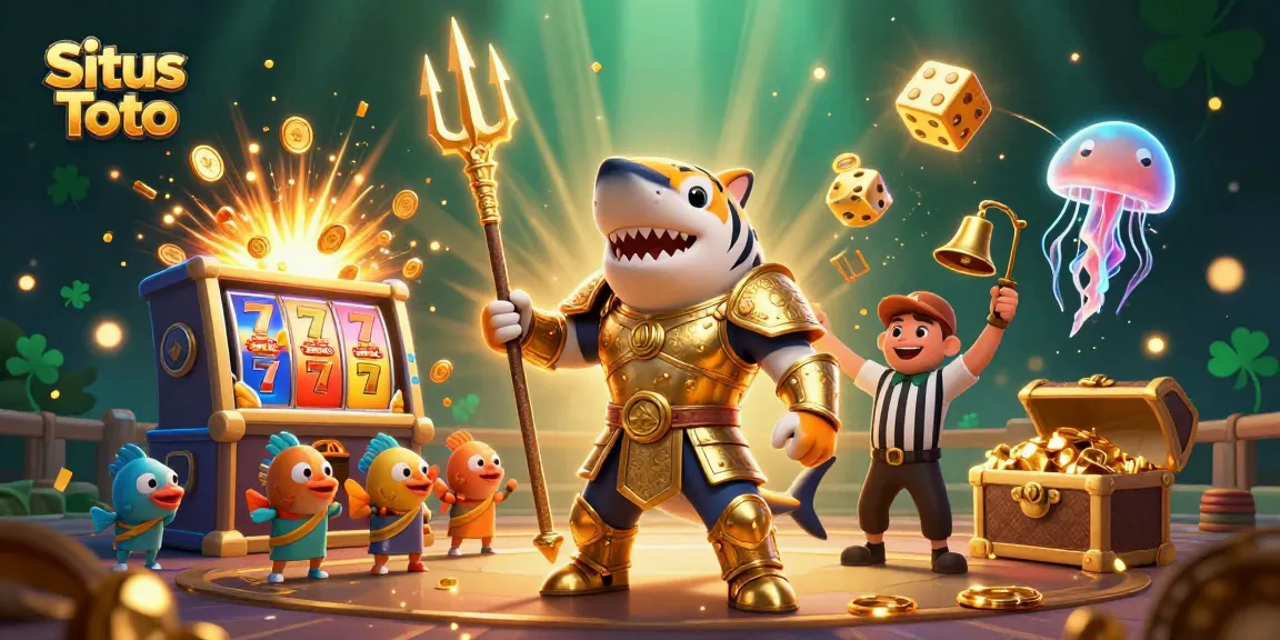 Situs Toto memperlihatkan hiu kartun 3D bertema kasino dengan mesin slot dan tumpukan koin, dalam suasana meriah.